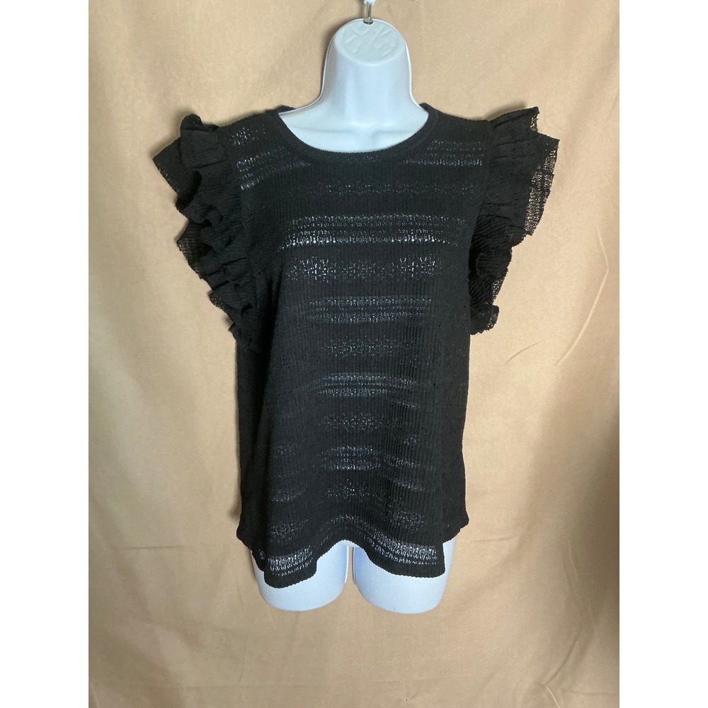 Marc New York Jeans Ruffle Sleeve Top Womens XL Black Excellent Pointelle Knit